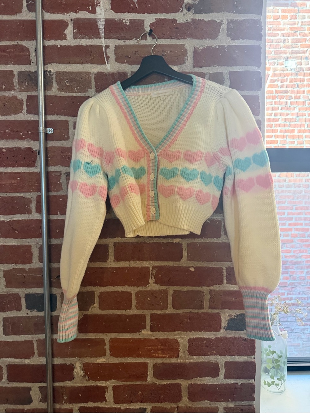 LoveShackFancy Ivory Heart-Striped Cropped Cardigan Sweater